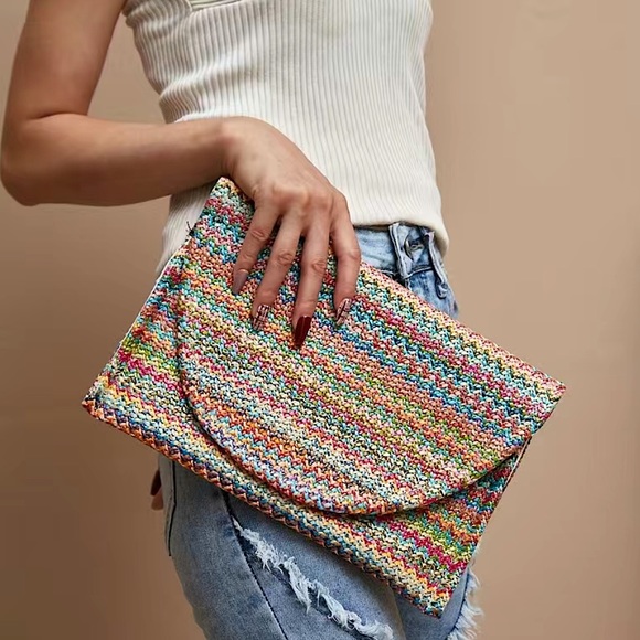 Anthropologie Handbags - Anthropologie Rainbow Multicolored Chevron Straw Woven Envelope Clutch Purse Bag